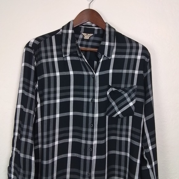 Woolrich Womens Flannel Shirt XL Black White Plaid Relaxed Fit Roll Tab‎ Sleeves - Picture 2 of 13